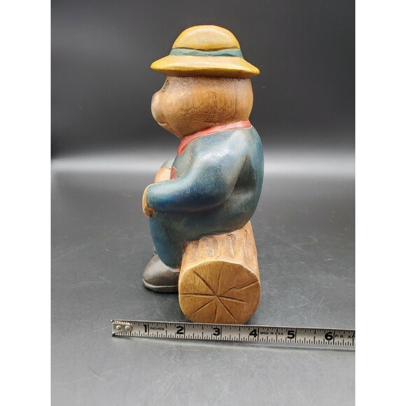 Honey Bear Beehive Dressed Sitting on Log Carved WOOD 8" Very NICE!!! Adorable! - Picture 8 of 12